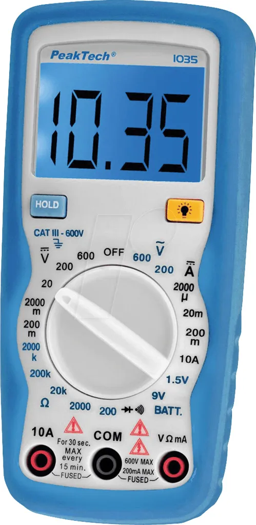 Multimètre PeakTech 1035 avec rétroéclairage et test de batterie intégré 9V - 12