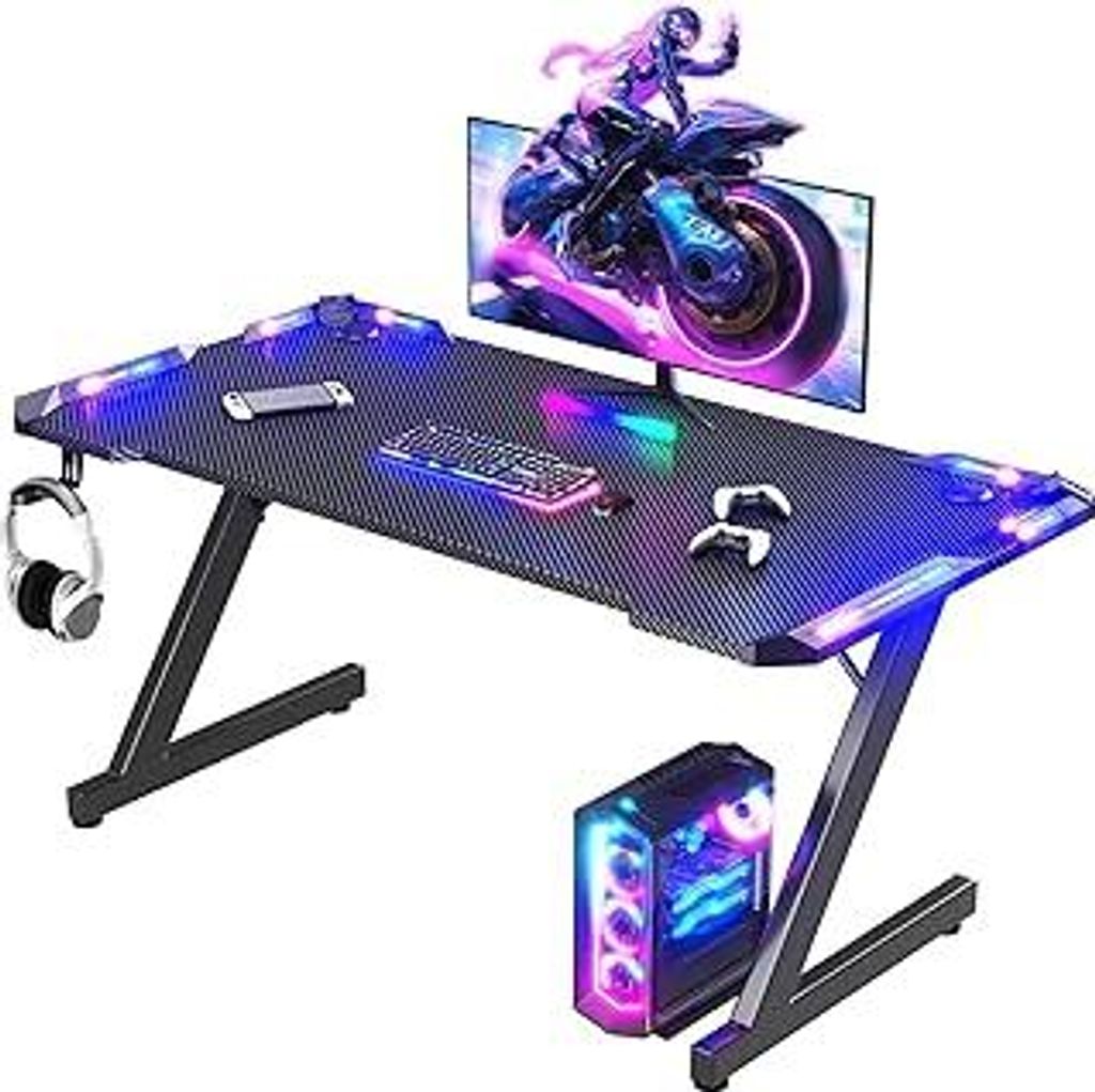 JUMMICO Gaming Tisch mit LED-Beleuchtung, RGB Gaming Tisch, Stabiler Computertisch für Homeoffice und Gamer,Gaming Schreibtisch mit Kopfhörerhalt...