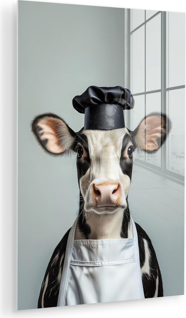 MuchoWow Glasbilder - Bilder auf Wandbild - Foto auf Glas Kuh - Schwarz - Weiß - Koch 80x120 cm Wanddekoration aus Glas - Acrylglasbild - Acrylbil...