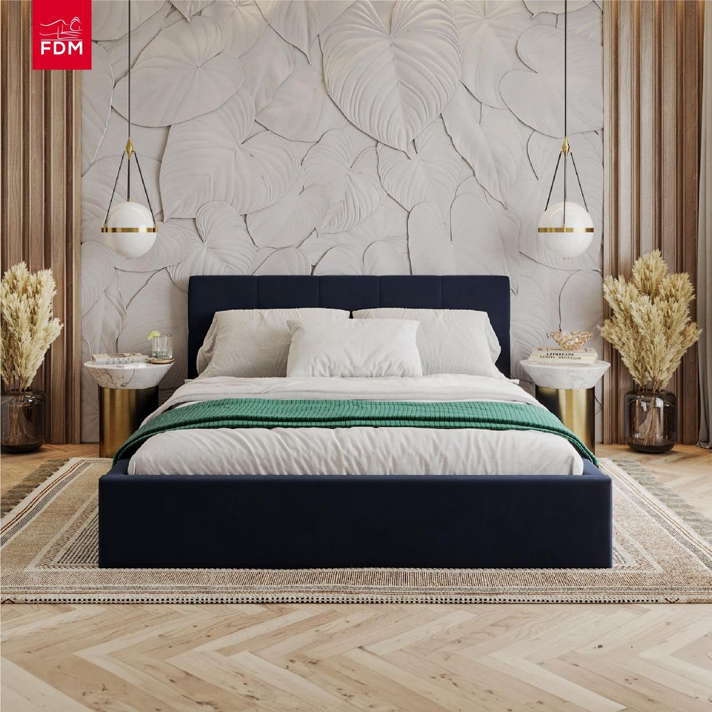 FDM Bett VEGAS Paris 90x200 cm Polsterbett mit Lattenrost aus Metall Bettkasten Stauraumbett Samt deep blue