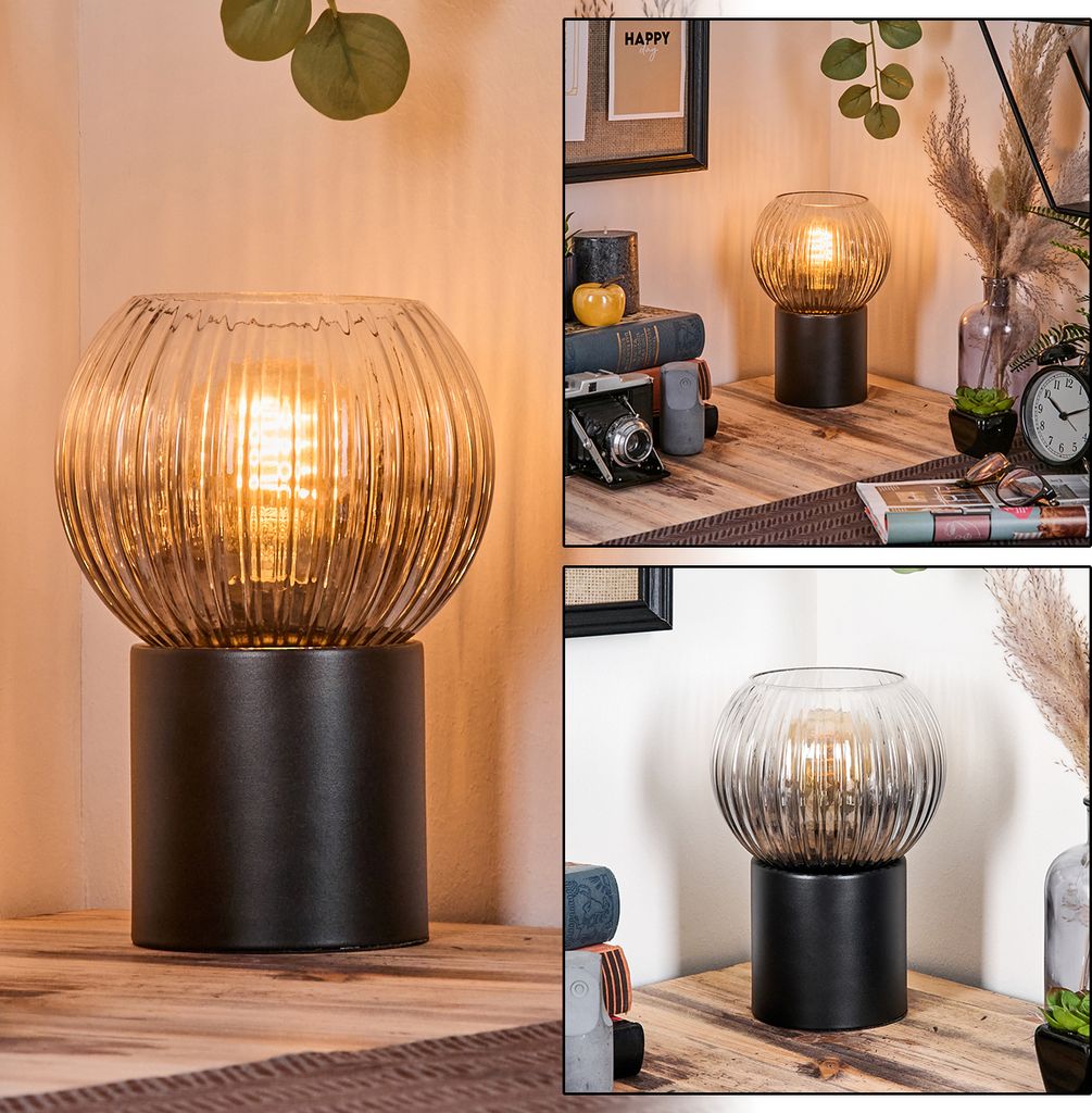 Cesaro Tischlampe aus Metall/Riffelglas in Schwarz/Rauchfarben/Klar