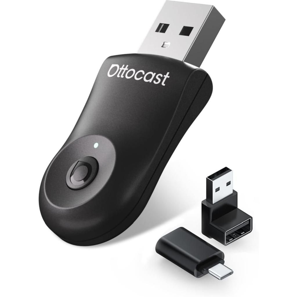 A black Ottocast wireless adapter with a USB-A connector, shown with two smaller adapters (USB-A to USB-C and USB-A to USB-A).