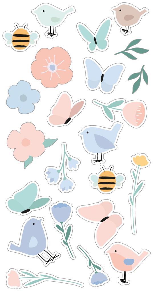 Sweet Garden Puffy Sticker Set, 23 Stück, Pastelltöne, Vögel, Blumen, Schmetterlinge & Bienen