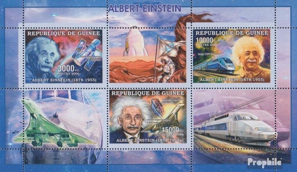 Briefmarken Guinea 2006 Mi 4287-4289 Kleinbogen (kompl. Ausgabe) postfrisch Albert Einstein, Weltraum, Concorde, Zug