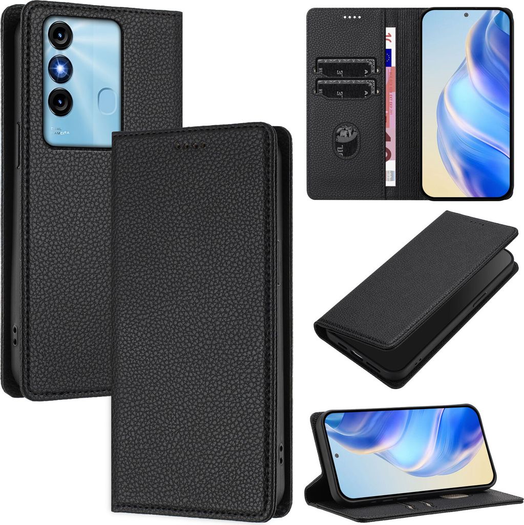 Litchi Leder Handyhülle für itel P38/itel S17/itel Vision 3 Wallet Kartenfächer Standfunktion Hülle Schwarz