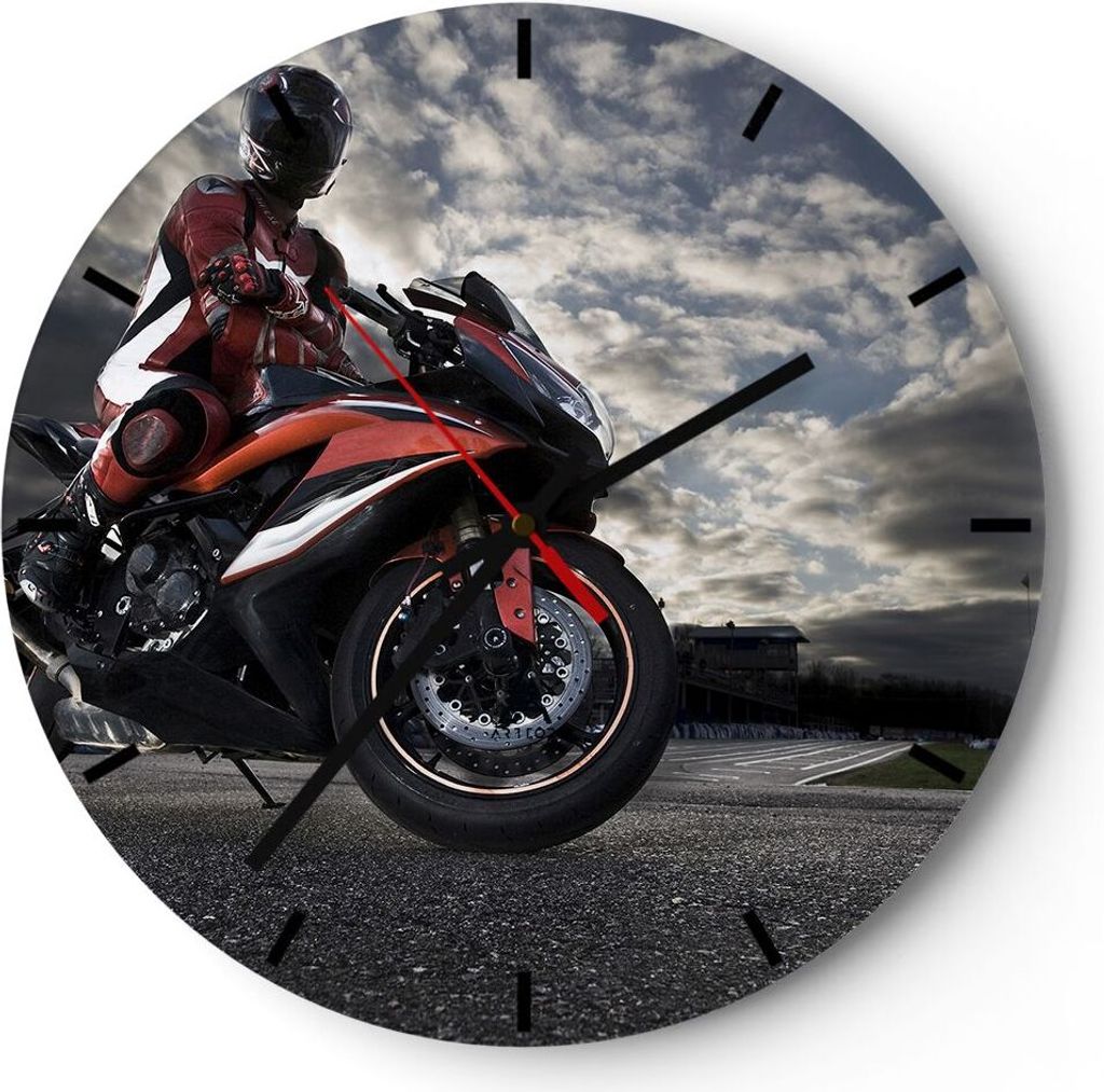 Wanduhr - Rund - Glasuhr - Sport Rennen Motorrad Reise - 30x30cm - Schleichendes Uhrwerk - Lautlos - zum Aufhängen bereit - Dekoration Modern - Wa...