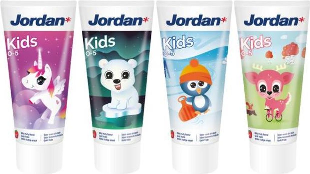 Four tubes of Jordan Kids toothpaste, each with a different cartoon character design.