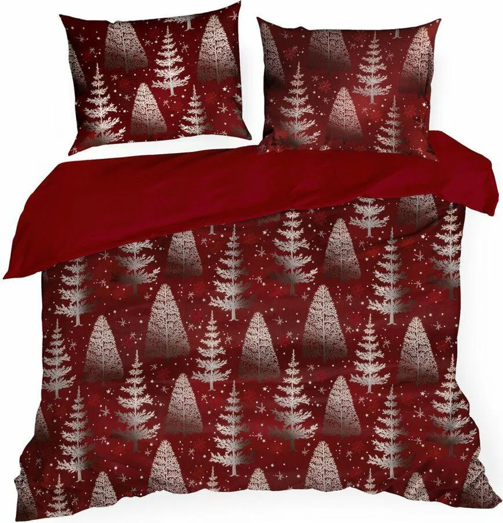 Housse de Couette Noël 160x200 cm Rouge avec Motifs Sapins Eurofirany