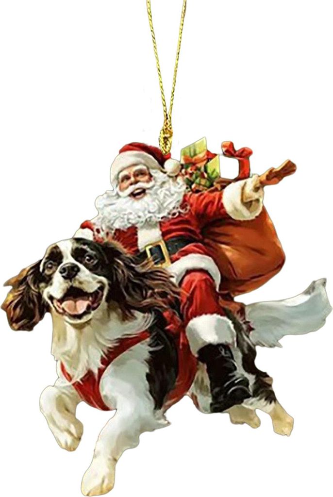 Weihnachtsschmuck mit Weihnachtsmann und Hund, lustiger Weihnachtsmann auf einem Welpen, 2D-Acryl-Tier-Weihnachtsdekoration zum Aufhängen für Hun...