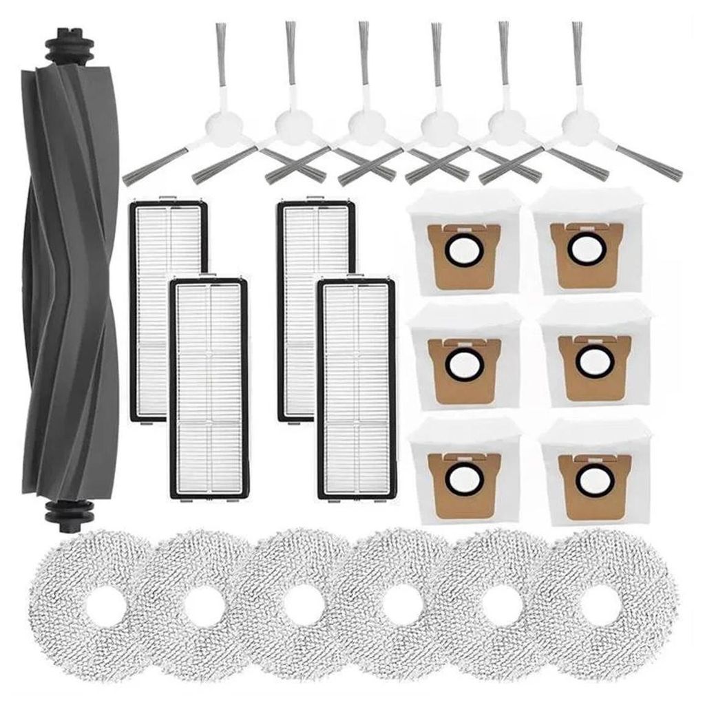 Ersatz-Seitenbürste, Hauptbürste, HEPA-Filter, Wischpad und Produktbild 