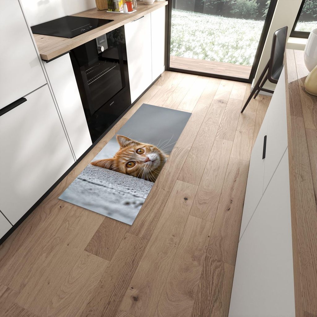 Küchenteppich 60x150cm rutschfest & abwischbar PVC Läufer - Neugierige Katze