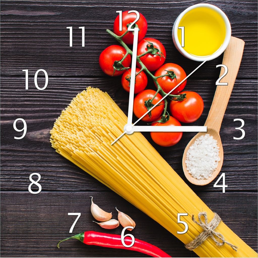 Wallario Design Wanduhr Italienisches Menü mit Spaghetti, Tomaten, Salz und Chilischoten aus Echtglas, Größe 30 x 30 cm