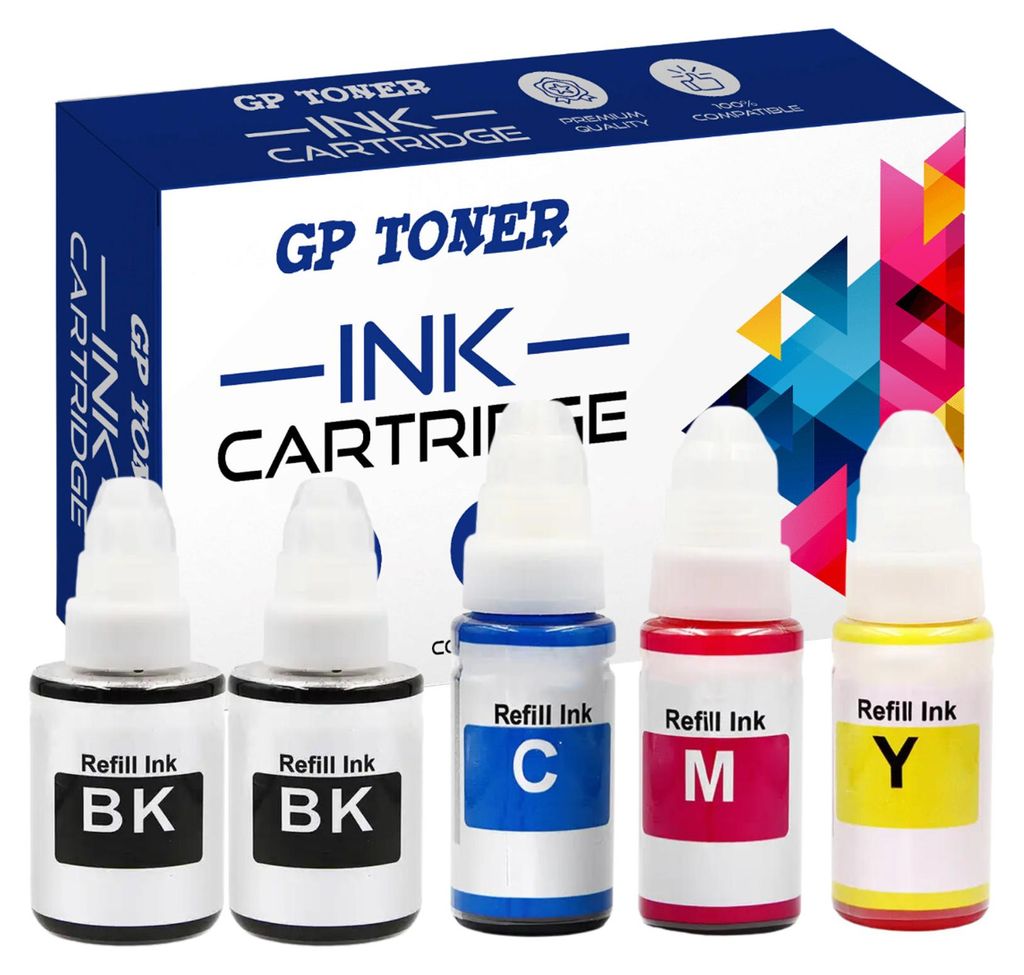 A product shot of ink refill bottles and their packaging.