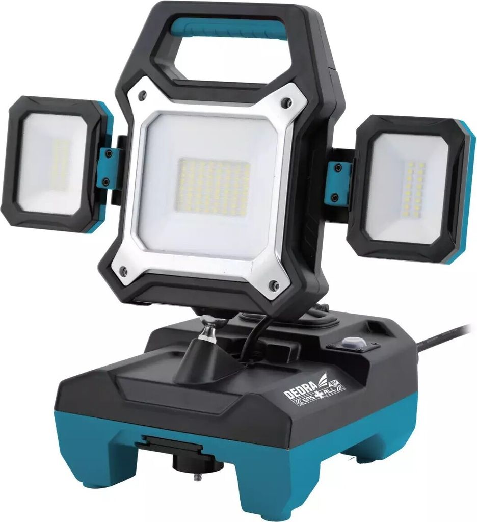 A close-up studio shot of a portable LED work light with multiple adjustable heads, mounted on a black and teal base.