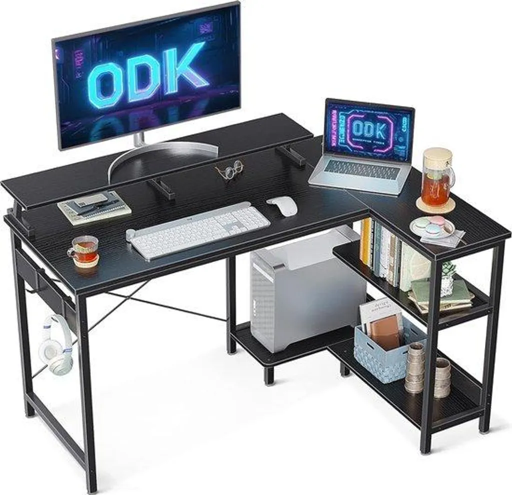 Bureau gaming en L noir réversible avec barre de charge 120x80x88 cm