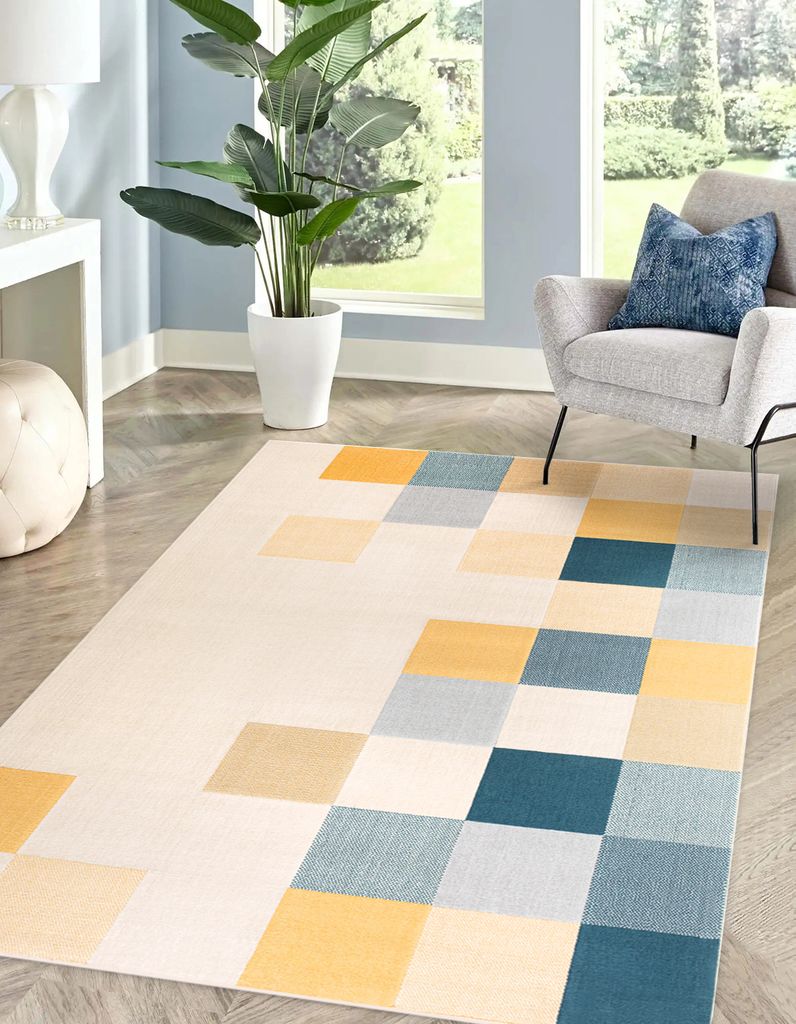 Kurzflorteppich rechteckig Wohnzimmer Teppich KUBIK Beige-Gelb-Blau, 80 x 150 cm