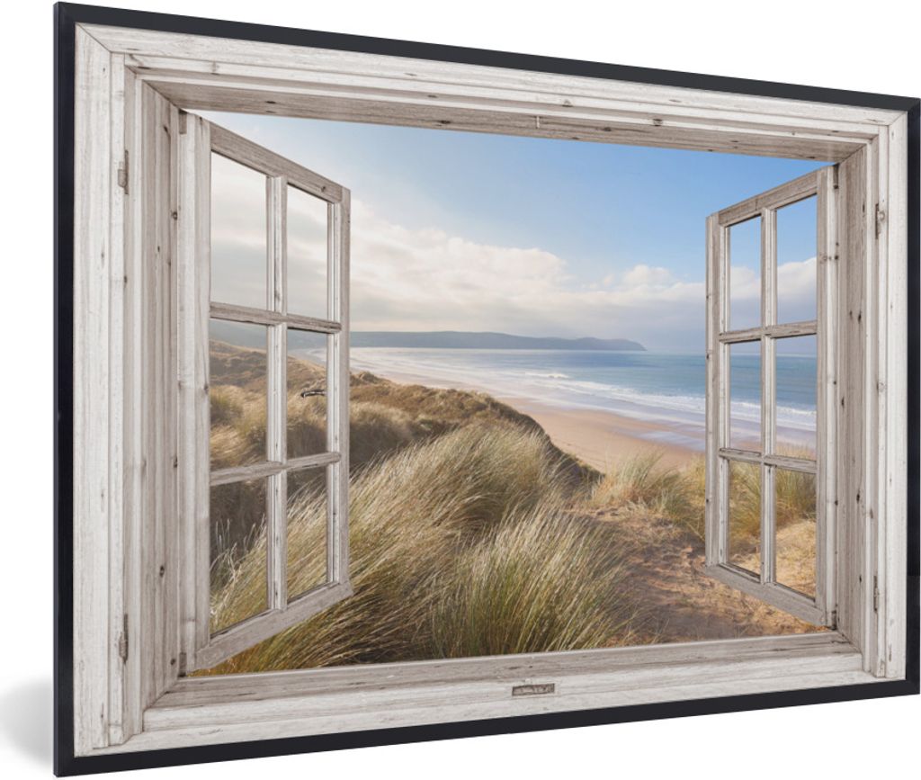 MuchoWow Gerahmtes Poster Durchblick - Strand - Meer - Dünen - Strandgras - Sand - Blau 60x40 cm - Poster mit Schwarzem Bilderrahmen Wandposter ...