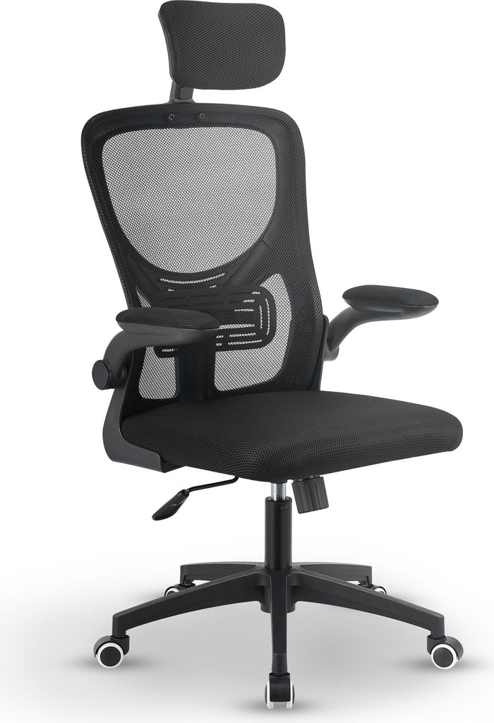 A black ergonomic office chair with a headrest and armrests, shown from a three-quarter front view on a white background.