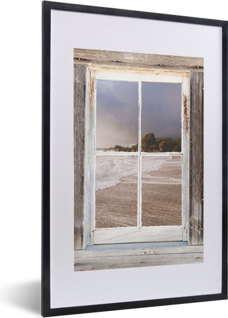 MuchoWow Gerahmtes Poster Durchblick - Holz - Strand 40x60 cm - Poster mit Schwarzem Bilderrahmen Wandposter Rahmen Foto Bilder - Poster in Rahmen