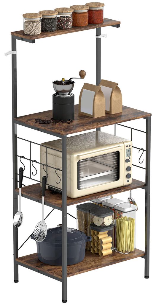 Kš¹chenregal. 4-stufiges Design. Arbeitsplatte. 8 Haken. Metallrohre. Braun+Schwarz