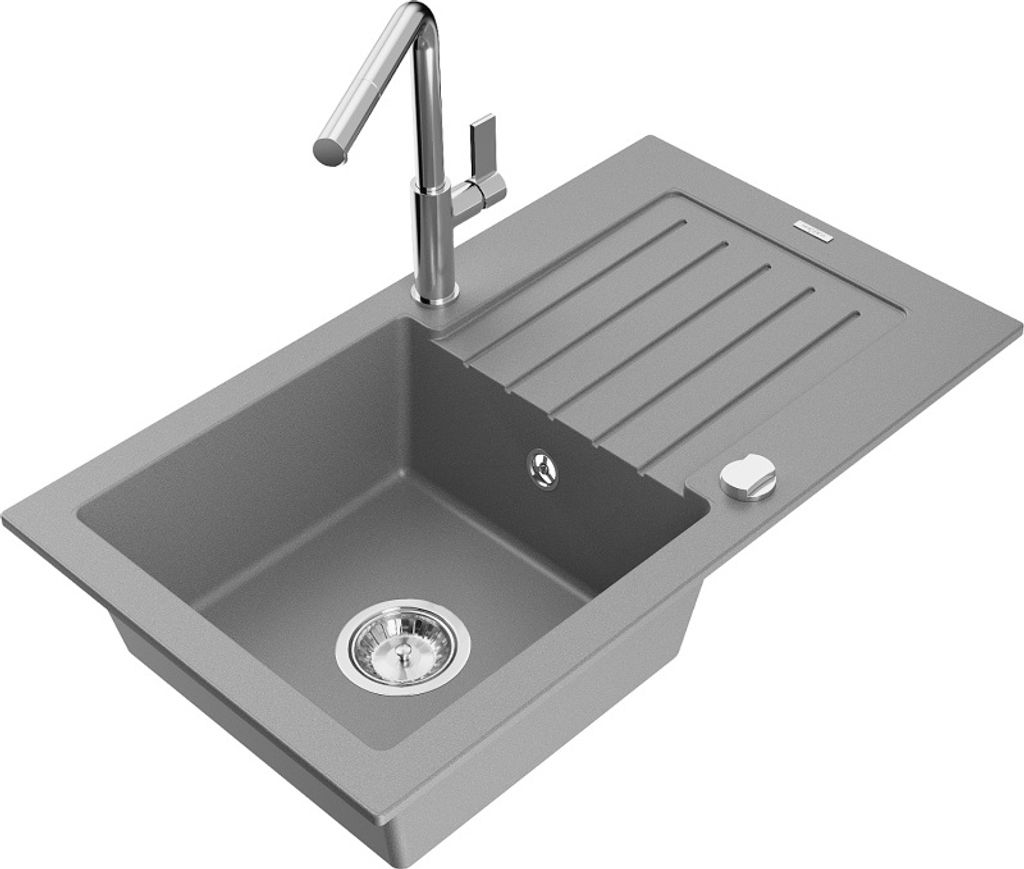 Mexen Pablo 1 Becken-Granitspüle mit Abtropffläche und Mischbatterie Flora, Grau - 6510-71-670401-00