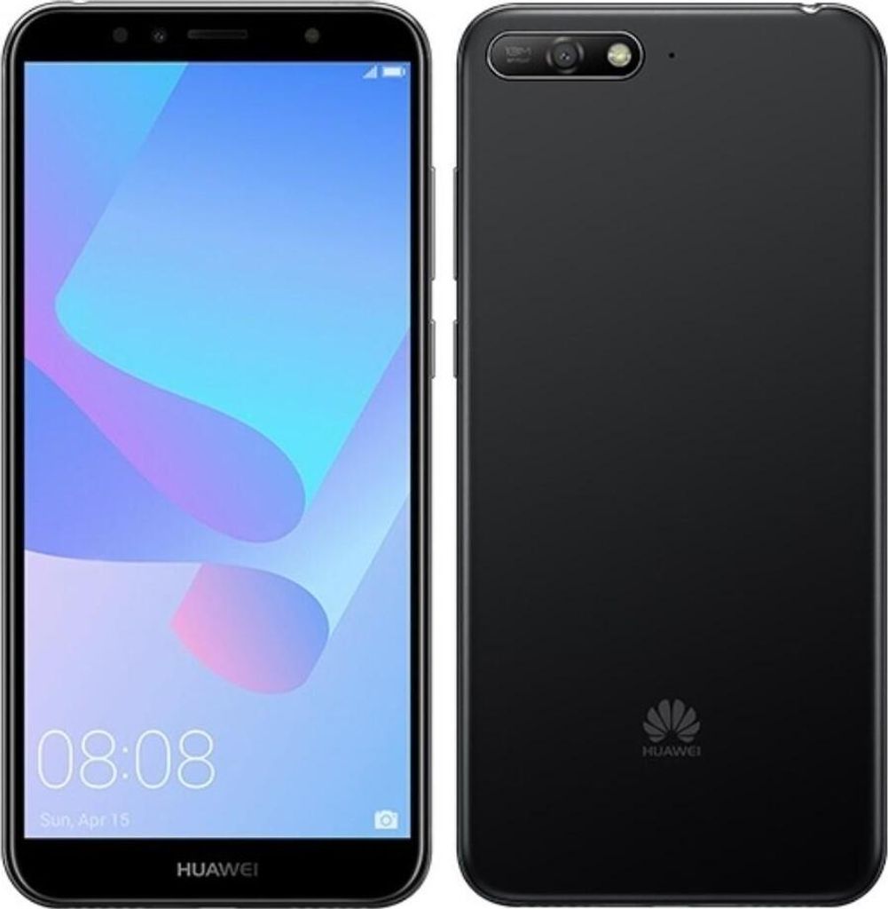A black Huawei Y6 2018 smartphone is shown from the front and back.
