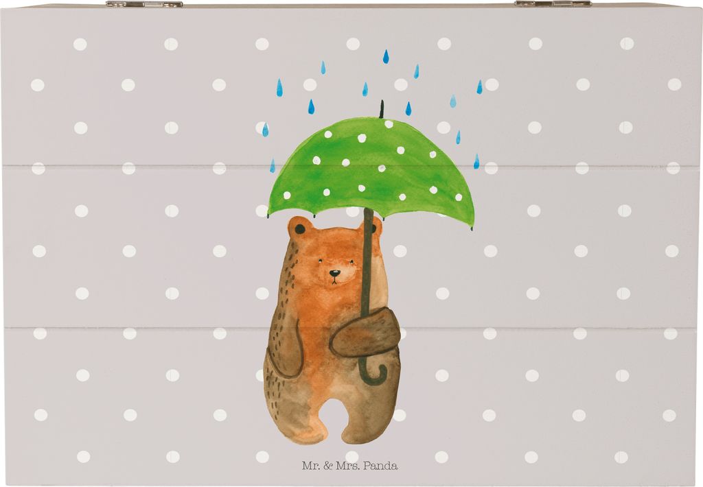 Mr. & Mrs. Panda Erinnerungsbox Bär Regenschirm 22 x 15 cm - Grau Pastell - Geschenk, fotobox, Familie, Spruch, Holzkiste, Geschenkbox, mit Deckel...