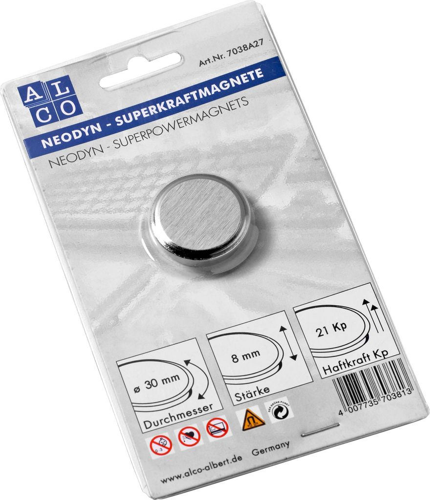 ALCO Kraftmagnete Neodyn Haftkraft 21kg silber 30mm