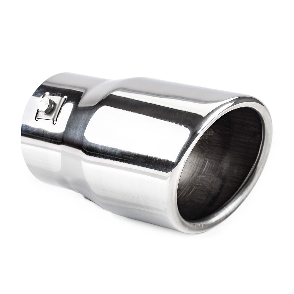 A shiny chrome exhaust tip is shown against a white background.