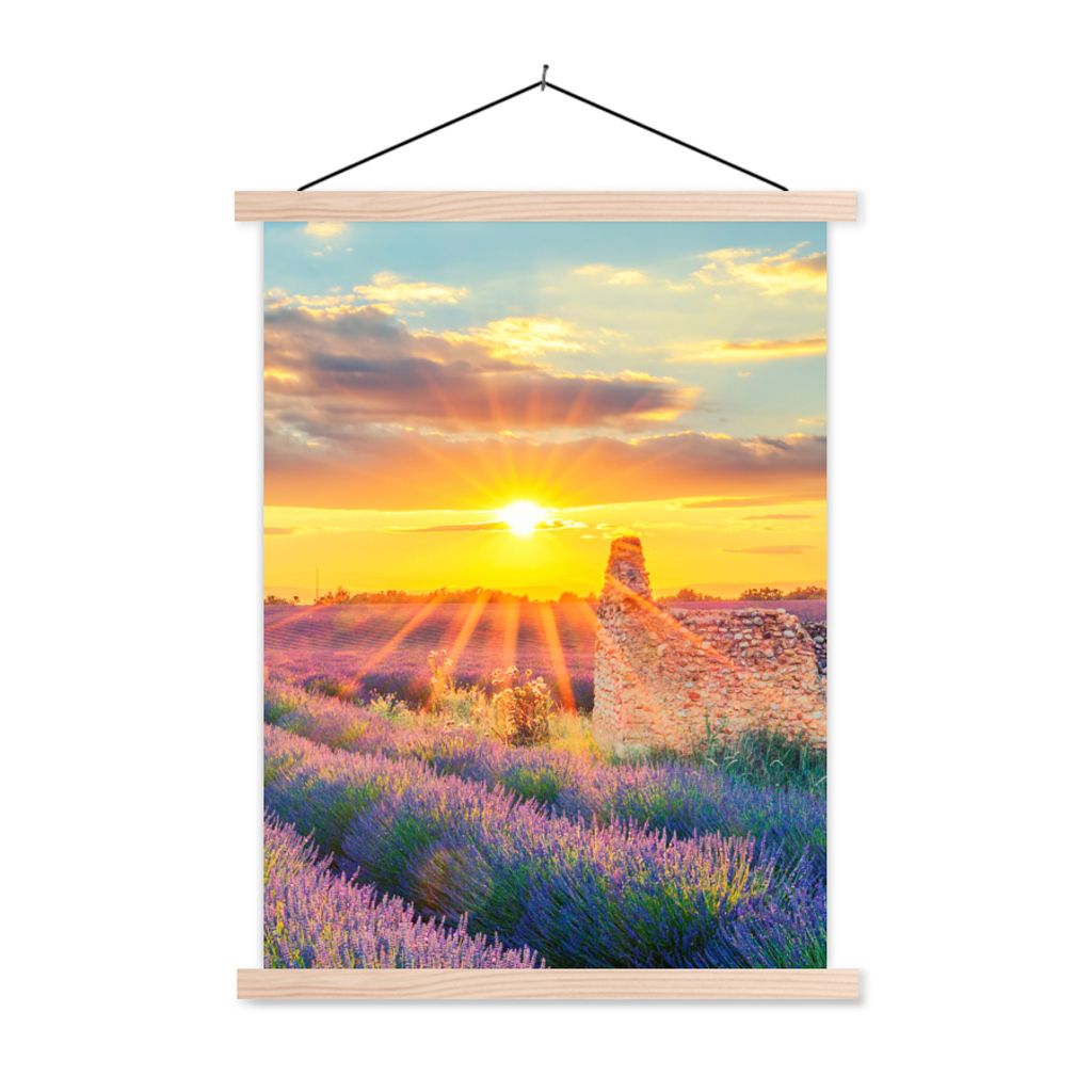 MuchoWow Textilposter Lavendel - Sonnenuntergang - Ruine - Lila 120x160 cm mit holzfarbenen Rahmen - Plakatkarton