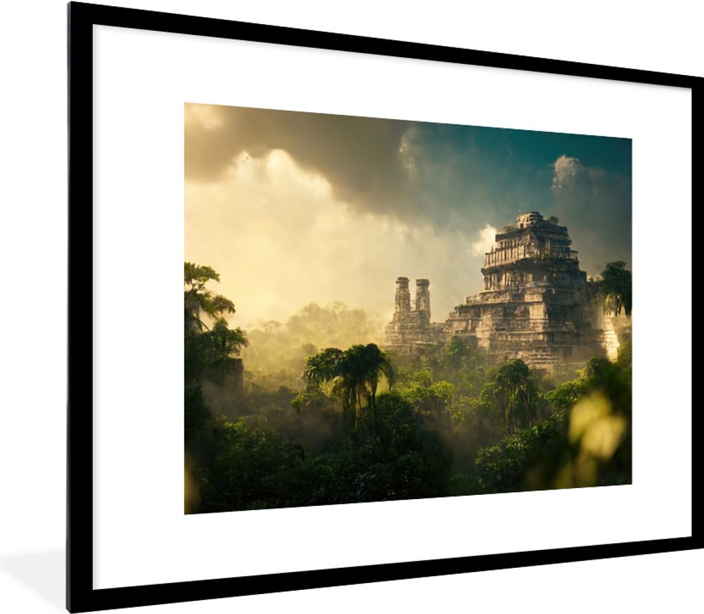 MuchoWow Gerahmtes Poster Tempel - Dschungel - Wolken - Himmel - Natur 80x60 cm - Poster mit Schwarzem Bilderrahmen Wandposter Rahmen Foto Bilder...