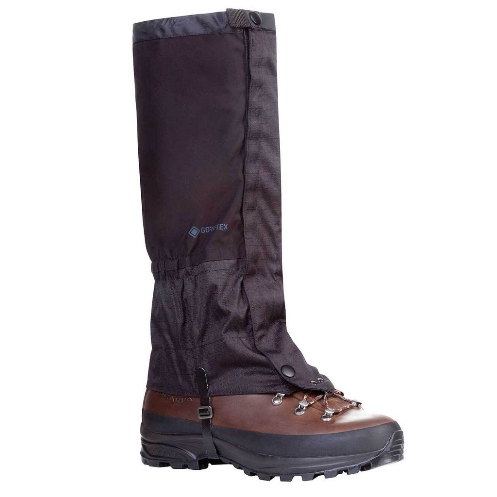 A pair of black gaiters worn over brown hiking boots, shown against a white background.