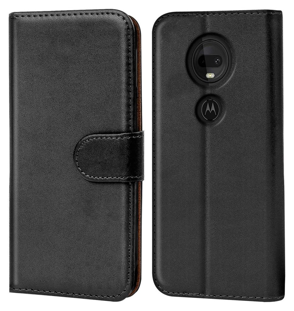 A black flip case for a Motorola phone, shown from the front and back.