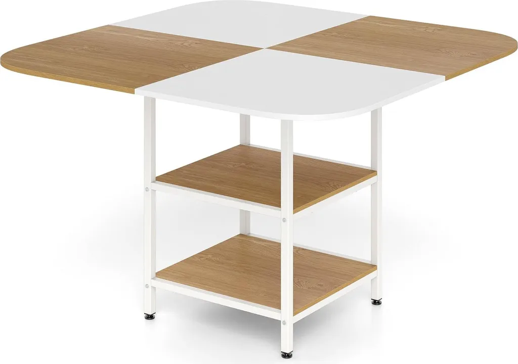 Table à manger 120x120 cm bois et étagères latérales pour 4 couverts