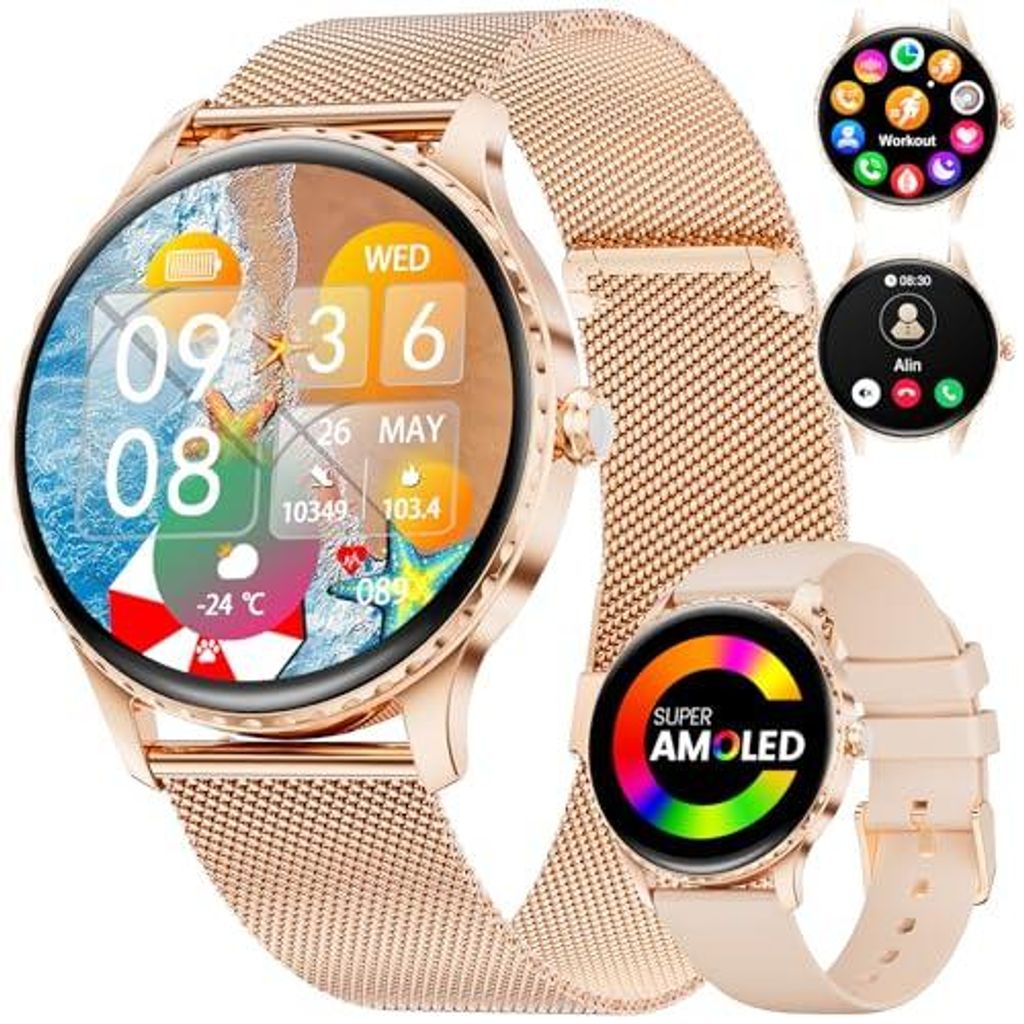 LIGE Smartwatch Damen 1.32" AMOLED Rund Touchscreen mit Telefonfunktion, Frauengesundheit/ IP68 wasserdichte /120+Sport Modus/Kalorien/Herzfrequenz...