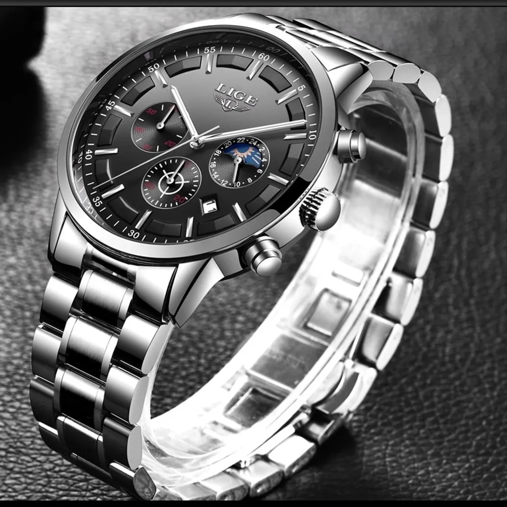 LIGE KP4055 Orologio Sportivo Uomo Acciaio - Nero e Blu Resistente - 4