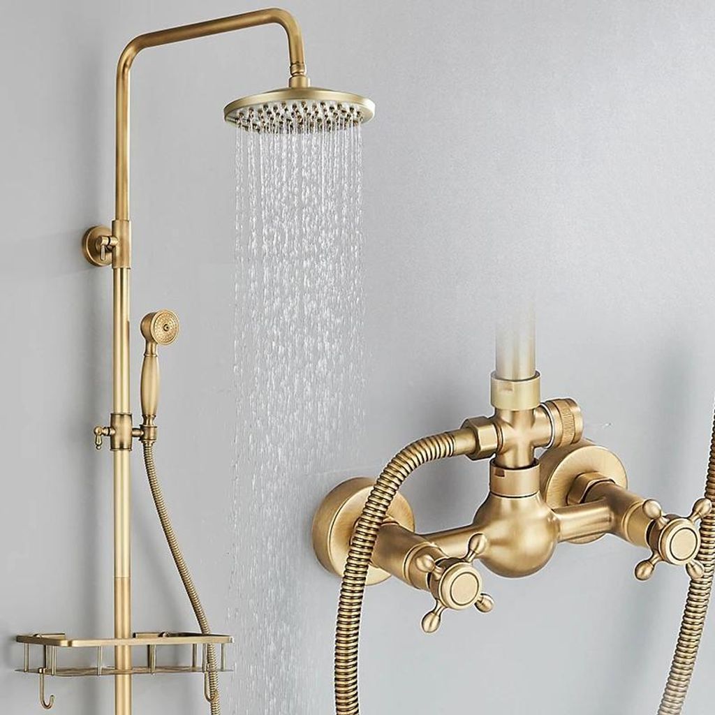 Regendusche Duschset fürs Bad - HL1 Shelf - Wandmontage, Überkopfbrause, Handbrause, Höhenverstellbar, Gebürstetes Messing, Mit Ablage - Blau