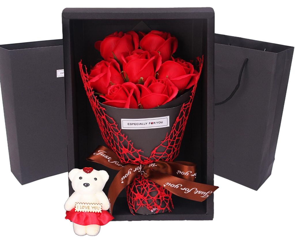 Valentinstag-Blumenstrauß mit Bär und Geschenkbox, 7 duftende Seifenblumen, künstlicher Rosen-Nelkenstrauß für Frauen, Mütter, Geburtstag, Ja...