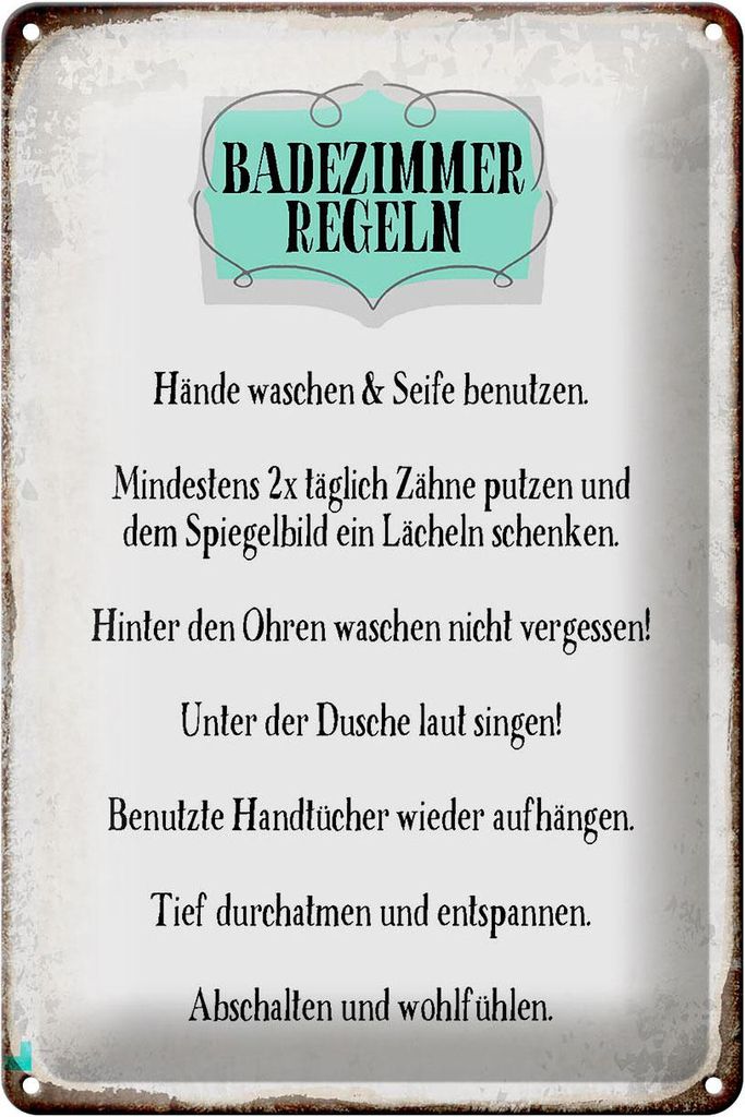 Blechschild Spruch 20x30cm Badezimmer Regeln Hände waschen