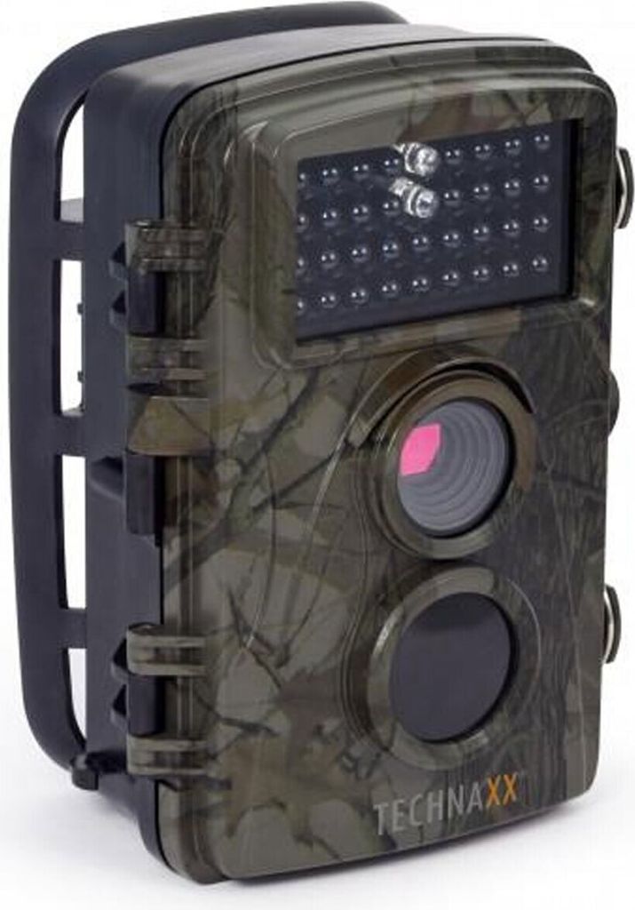 A camouflage-patterned trail camera with a black strap and mounting bracket.