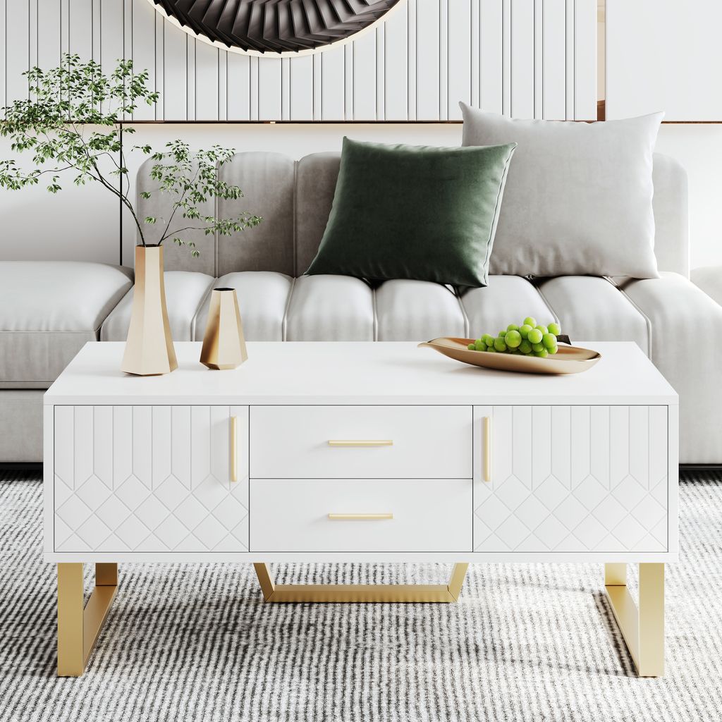 AIORBER Couchtisch, mit zwei Schubladen und zwei Türen, Türdesign, Großer Stauraum, Goldene Griffe, Für Wohnräume, 100 x 50 x 45 cm, Weiß