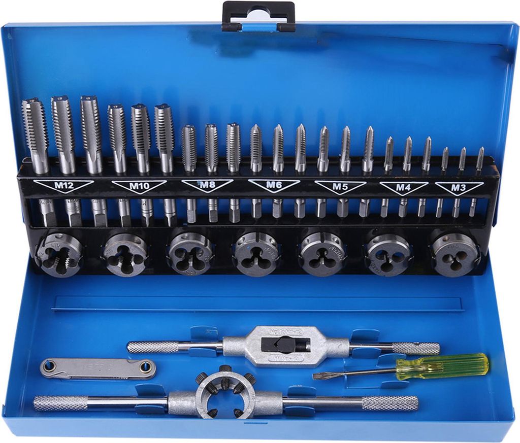 32-teiliges Gewindebohrer- und Schneideisen-Set M3šCM12 aus legiertem Stahl mit Grobgewinde, inklusive Gewindelehre und Handwerkzeugen
