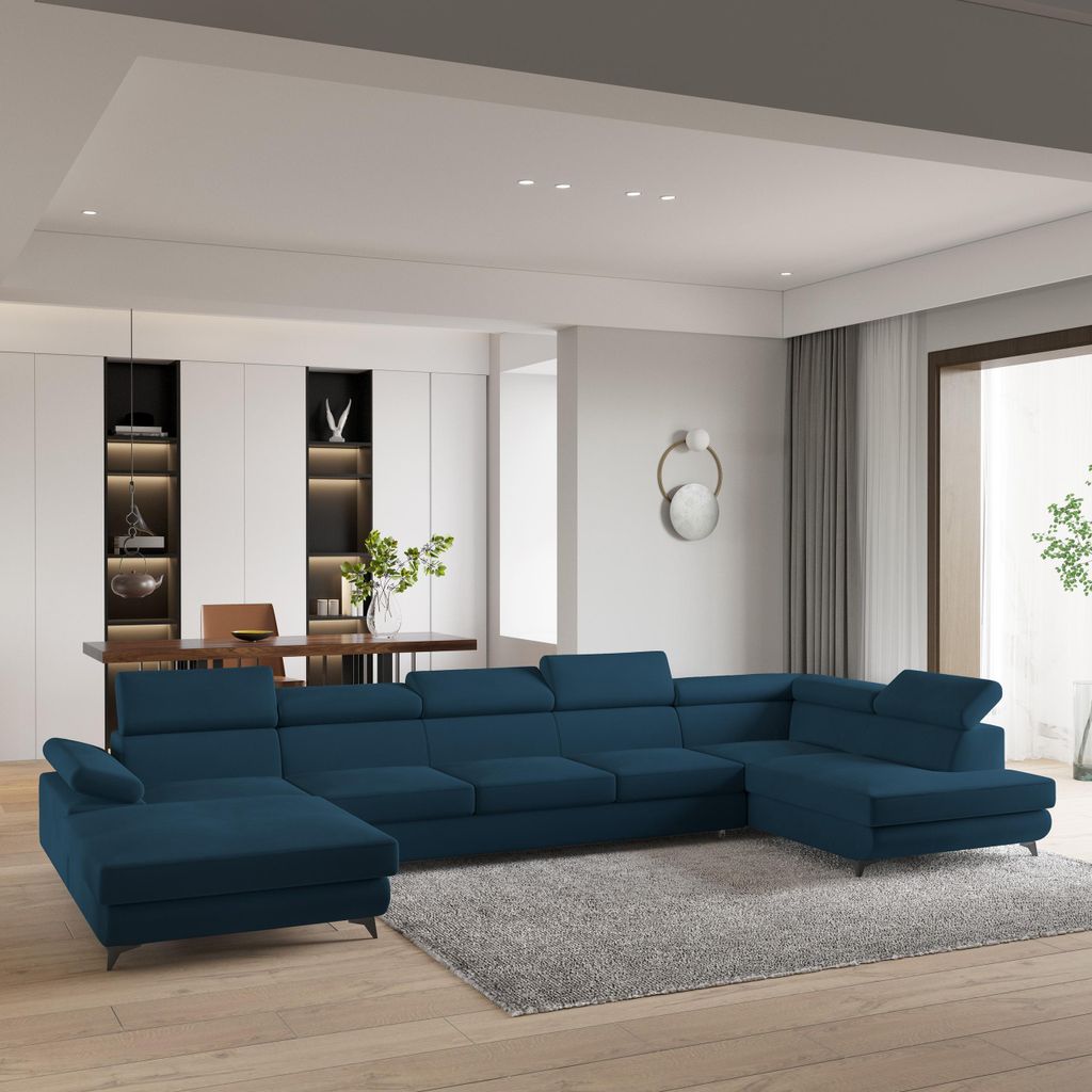 Masseno Ecksofa MONTIVA mit Schlaffunktion U-Form, Sofa mit Bettkasten, Wohnzimmersofa, Couch, Soffa, Bettsofa, Couchgarnitur- Blau, MONOLITH 77