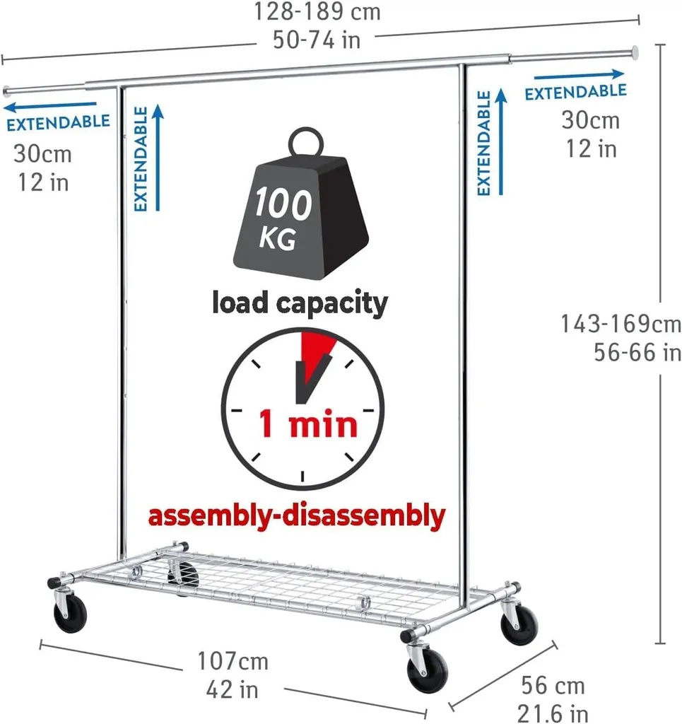 Portant à Vêtements Robuste 100kg - Structure Extensible et Mobile - 6