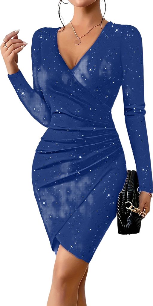 Damen Minikleid Schlank Langarm V-Ausschnitt Party-Cocktailkleid mit V-Ausschnitt, Blau, M