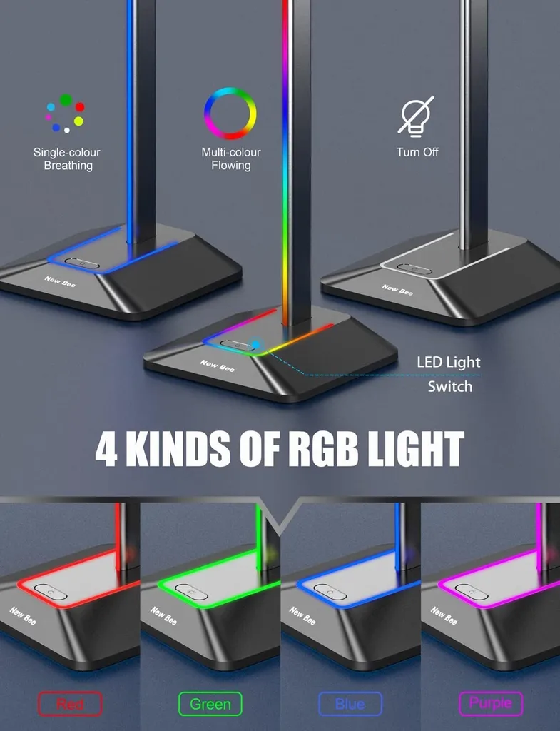 Support casque RGB noir avec hub USB Type-C et transfert de données PC