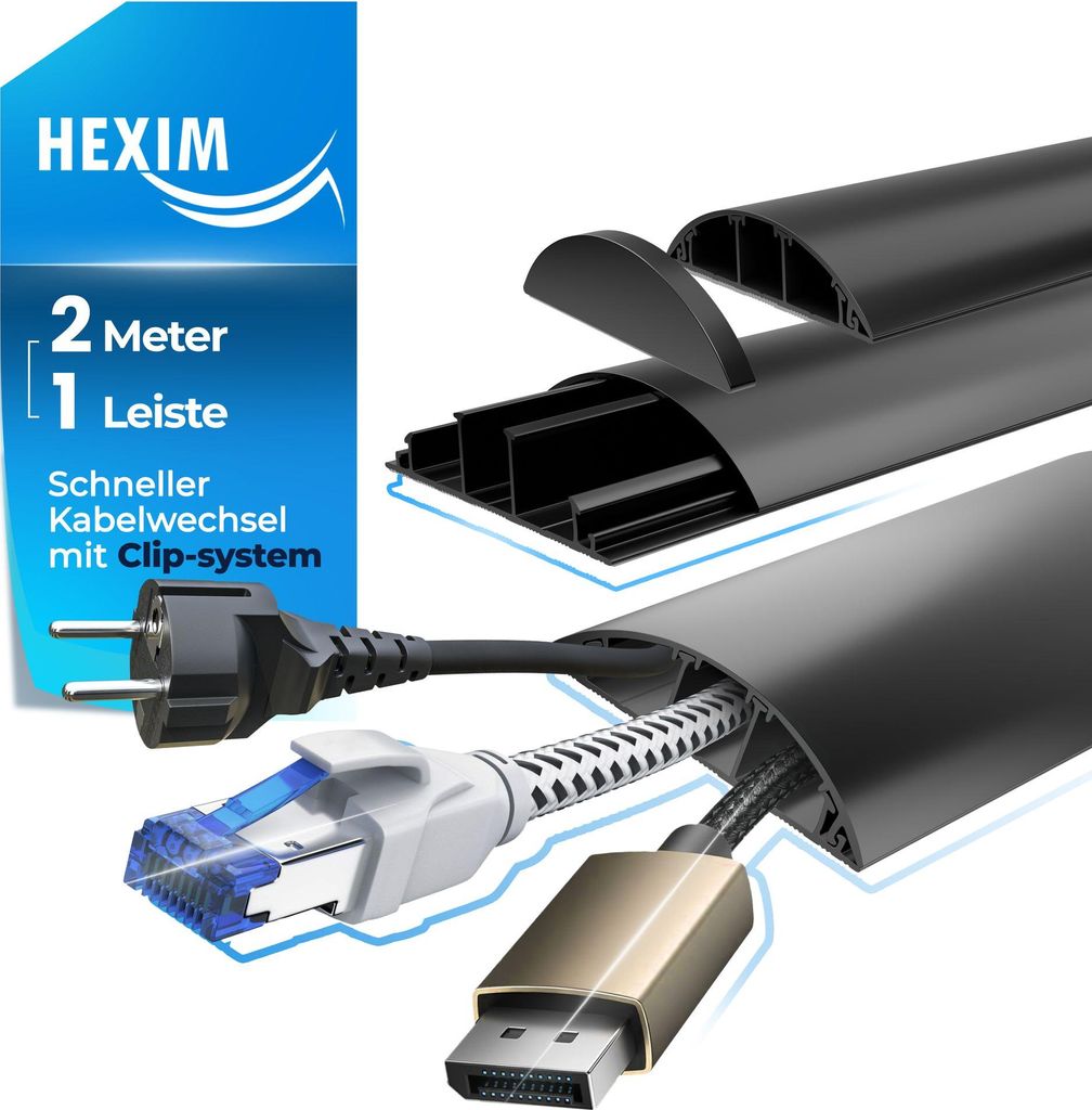 HEXIM Kabelkanal 2 Meter (1 Leisten) 68x18mm schwarz PVC Kunststoff halbrunde Kabelabdeckung extra breit - für Wand Boden & Decke TV Kabel LAN Str...