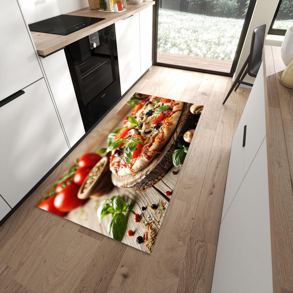 Küchenteppich 90x180cm rutschfest & abwischbar PVC Läufer - Pizza im Holzofen