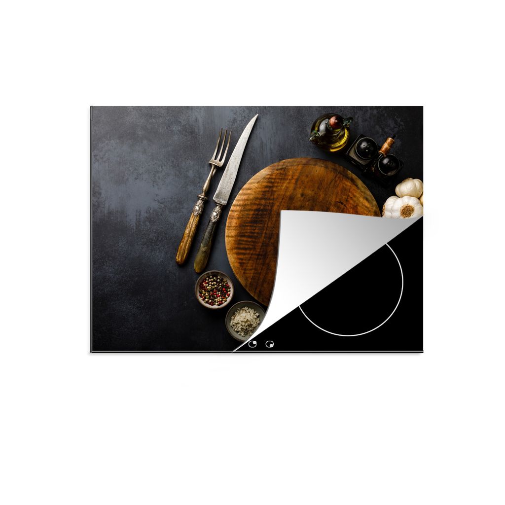 KitchenYeah Herdabdeckplatte Besteck - Schneidebrett - Küche - Geschirrtuch , 71x52cm, Küche Deko, Glaskeramikkochfeld Herdabdeckung, Abdeckpla...