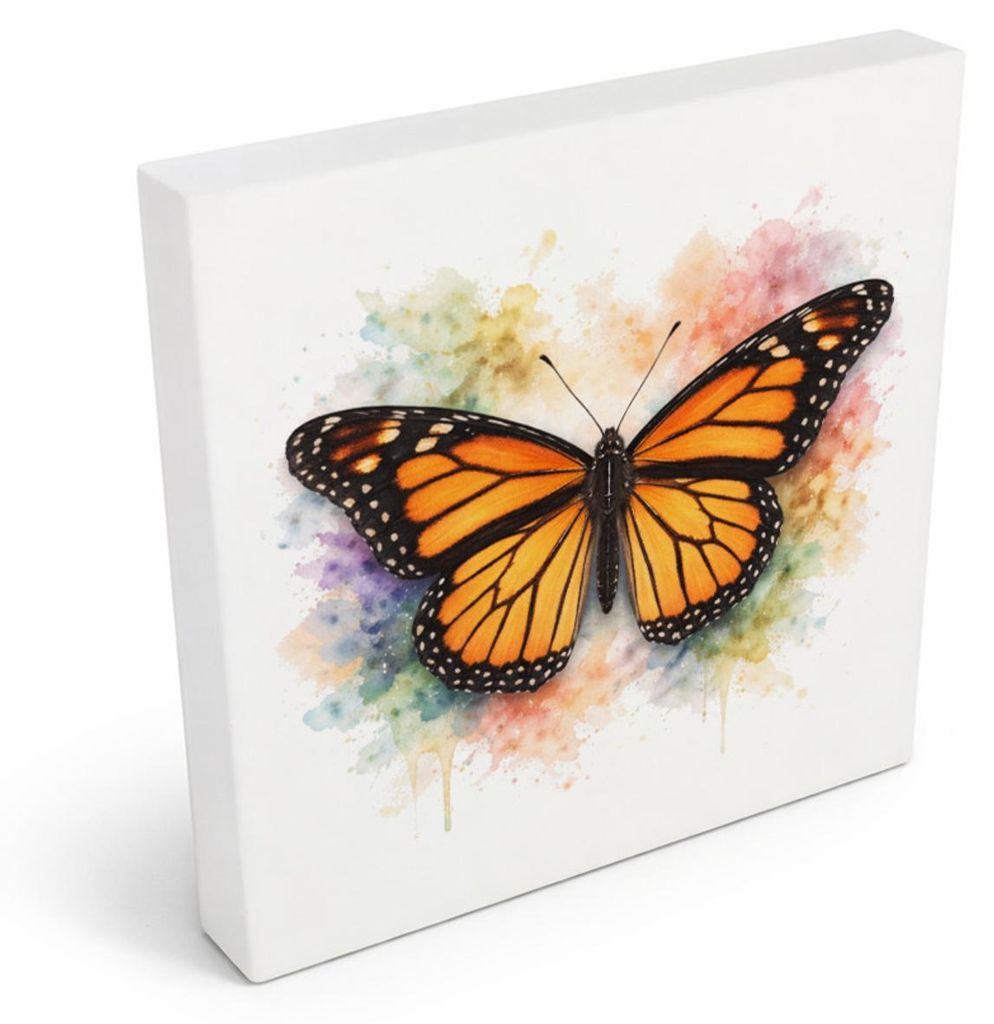 Schmetterlingszauber Monarchfalter Holzbild in 10x10 cm zum Stellen oder